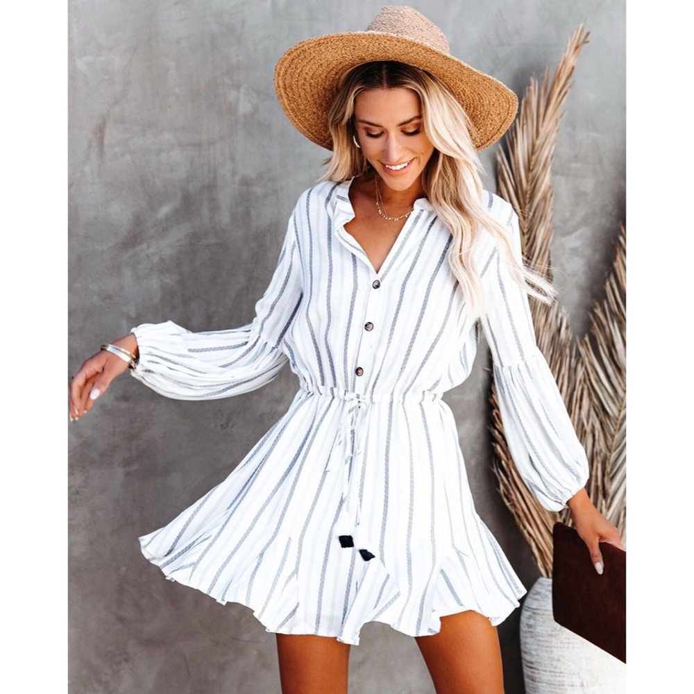 VICI LARGE Striped Adjustable Balloon Sleeve Dress